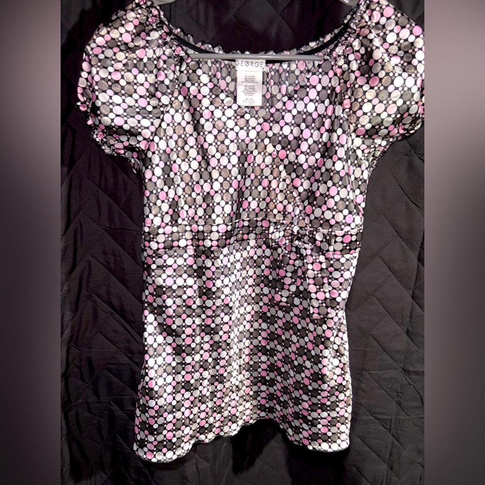 George Black and White Smocked Cap Sleeve Blouse #1551